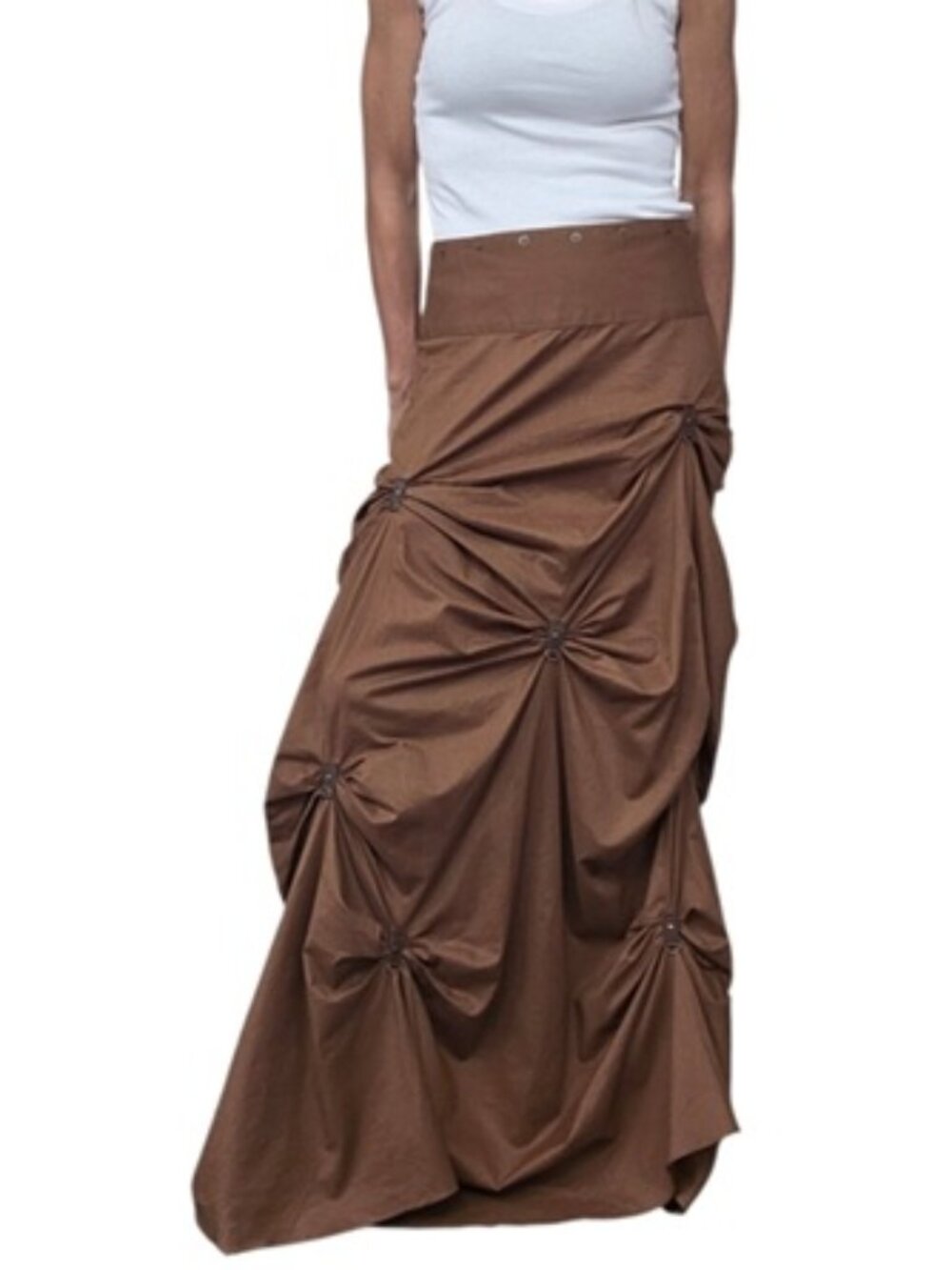 Brown Cotton Ruched Parachute Maxi Skirt D Ring Utility Small